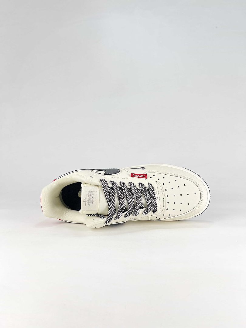 Nike Air Force 1 07 Low DW8806-019 Stussy Script Supreme Box Logo Graphic Detail Sneakers Sail Black Red