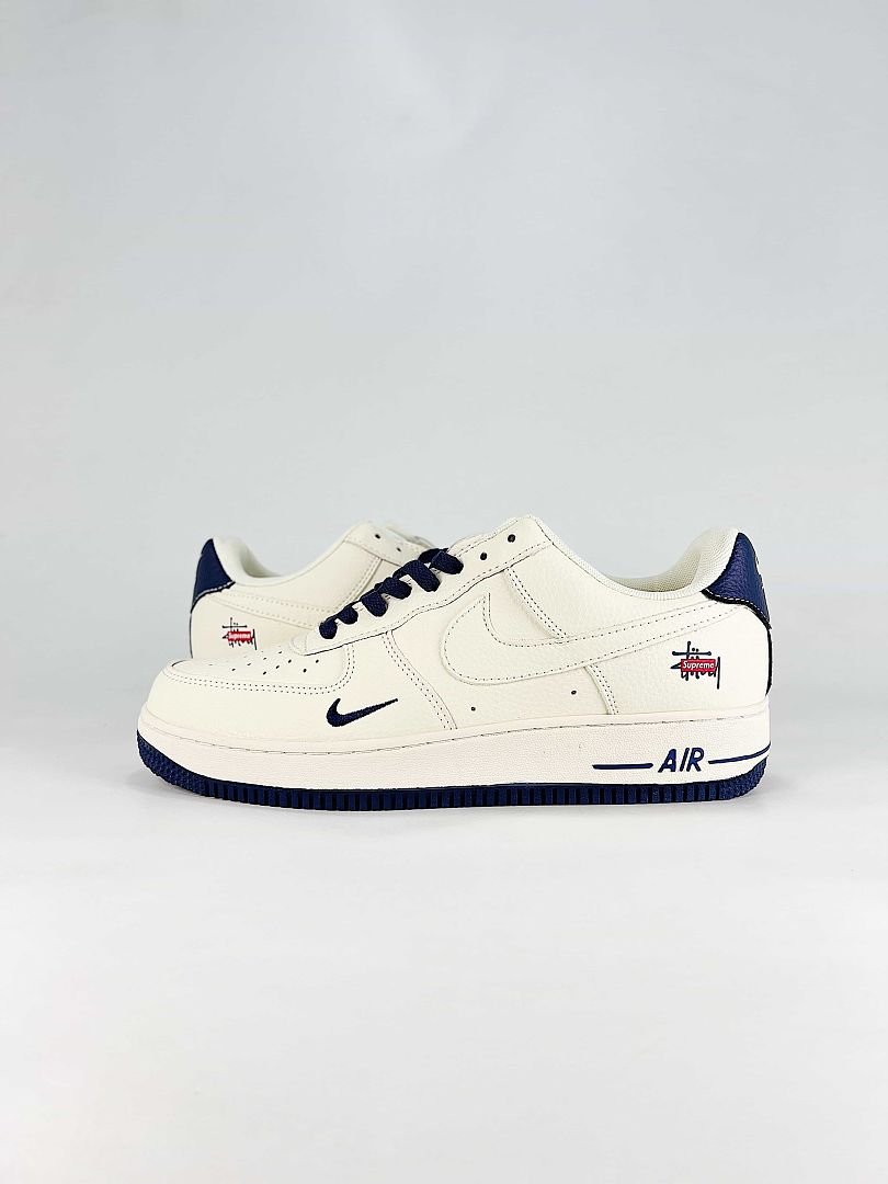 Nike Air Force 1 07 Low HO7788-101 Stussy Script Supreme Box Logo Graphic Sneakers White Navy Red