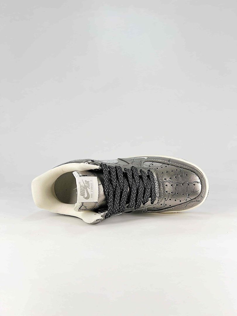 Nike Air Force 1 07 Low JC8888-003 Metallic Crackle Graphic Sneakers Silver Black
