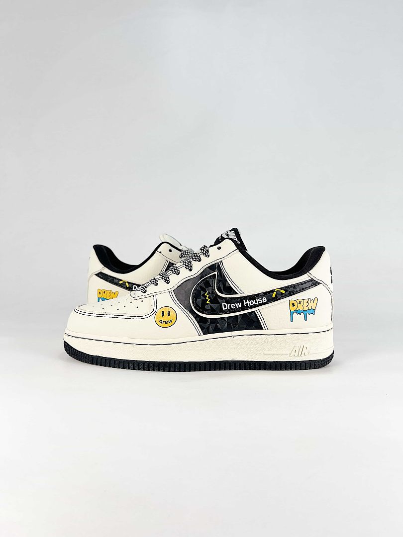 Nike x Drew House Air Force 1 07 Low KD1688-008 Drew Graphic Sneakers Cream Black Yellow